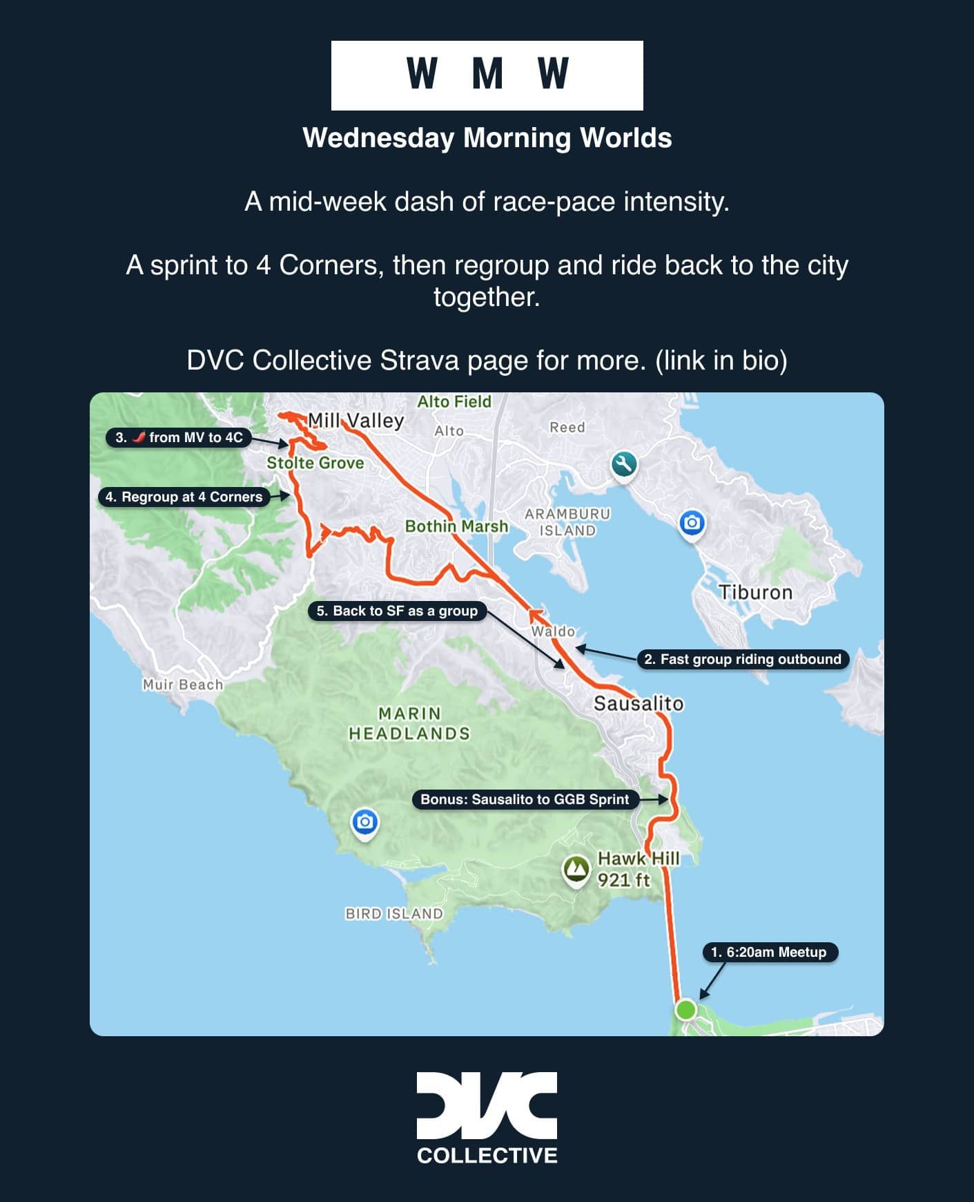 🌶️ Add some mid-week spice with Wednesday Morning Worlds. Race pace to 4 Corners, regroup, ride together back to the city. Details on Strava, link in bio.